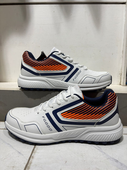 FG 888 Cricket Shoes – White/Navy/Orange